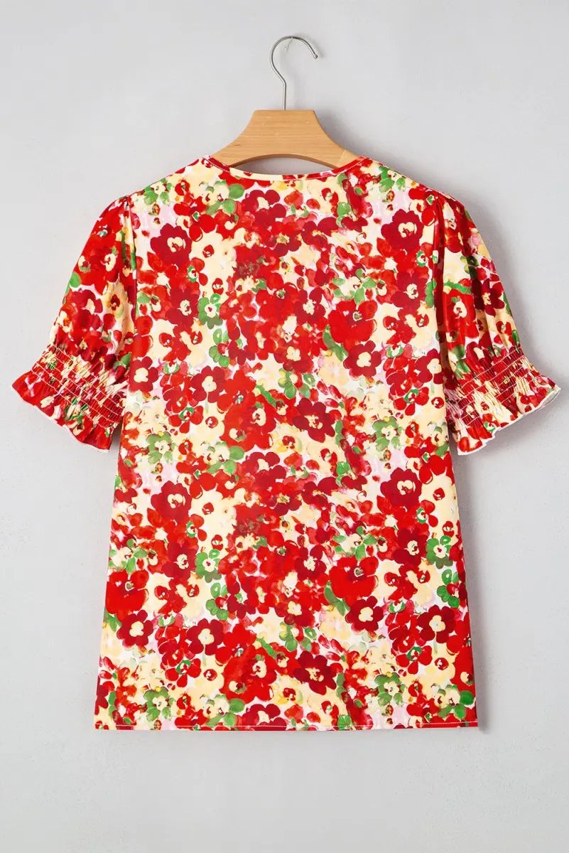 Red Floral Bubble Sleeve Pleated V Neck Wrap Blouse for Women - Love Salve